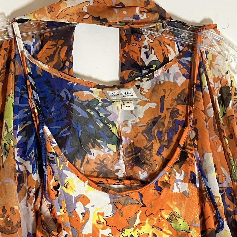 Beige by eci Blouse Womens Medium Orange Multi Floral Sheer Poncho Top 2 Piece M - Picture 12 of 16